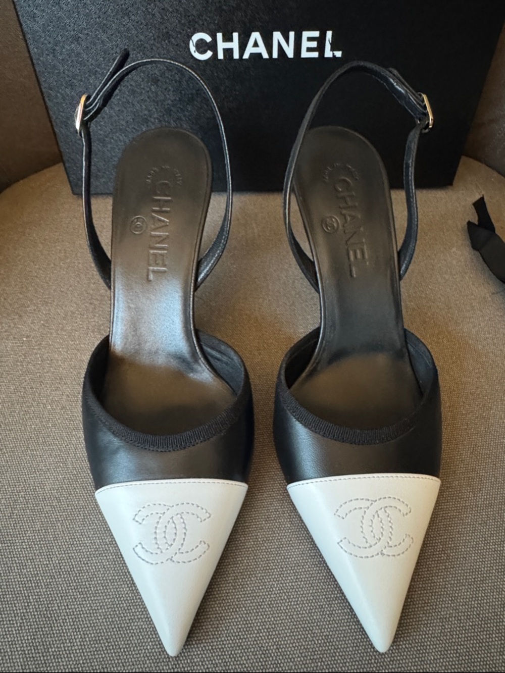 CHANEL Black Leather Slingback Pumps with White CC embossed Pointed Toe. Rare!!